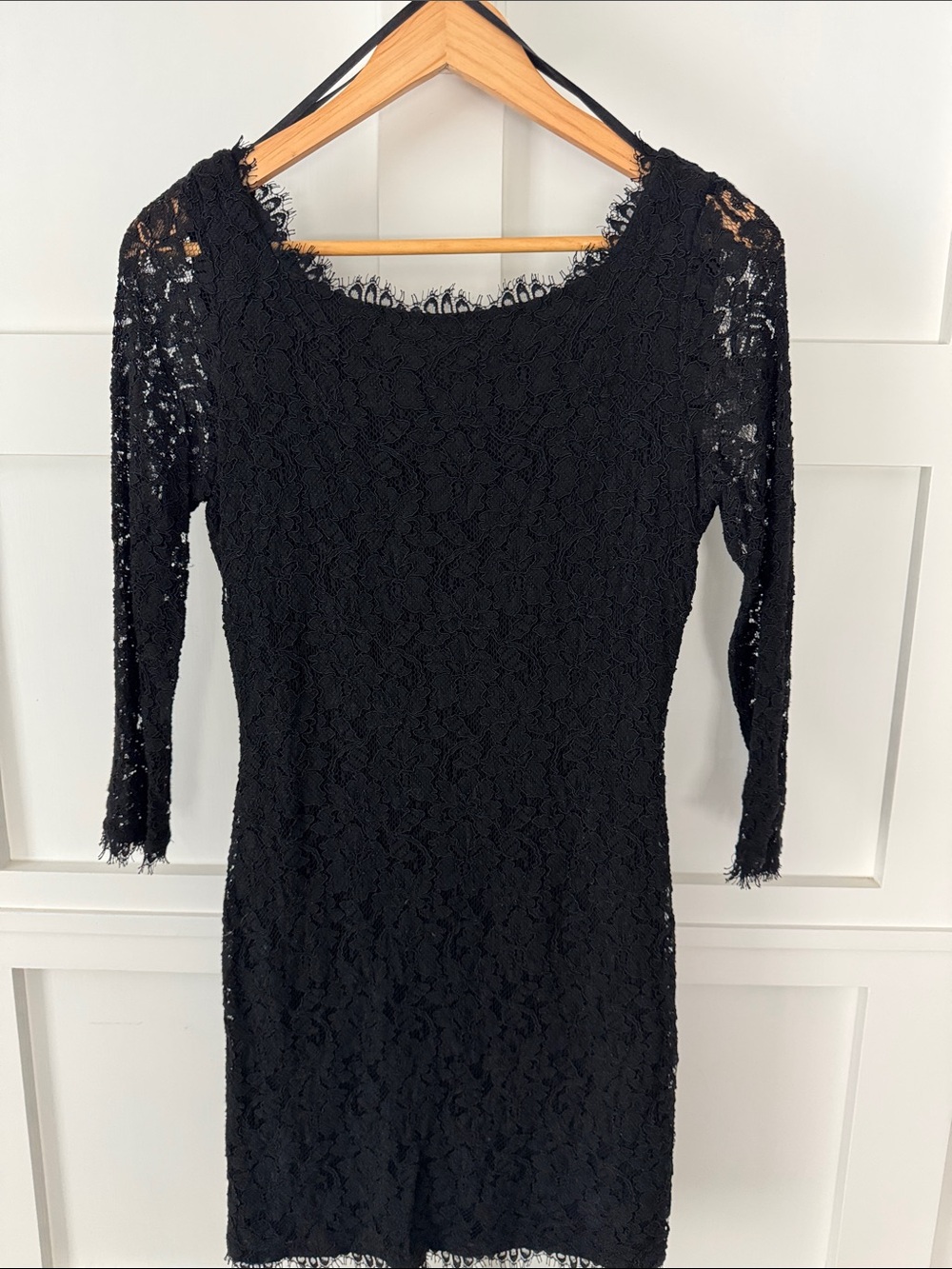 Diane Von Furstenberg Black Lace Sheath Dress with Three-Quarter Sleeves